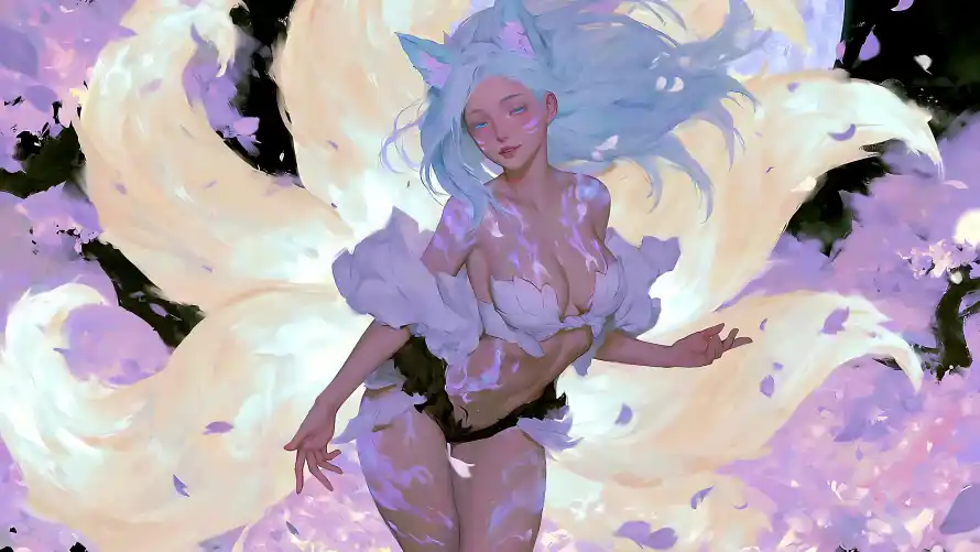 4k插画壁纸-狐耳 - 美女-九尾狐「哲风壁纸」