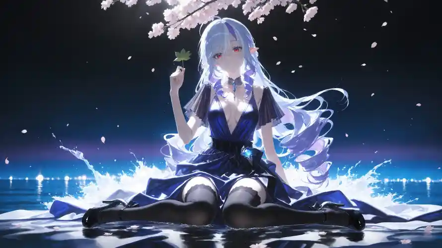 4k夜景壁纸-少女 - 樱花-水面「哲风壁纸」