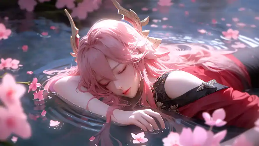 4k少女壁纸-樱花 - 水面-红衣「哲风壁纸」