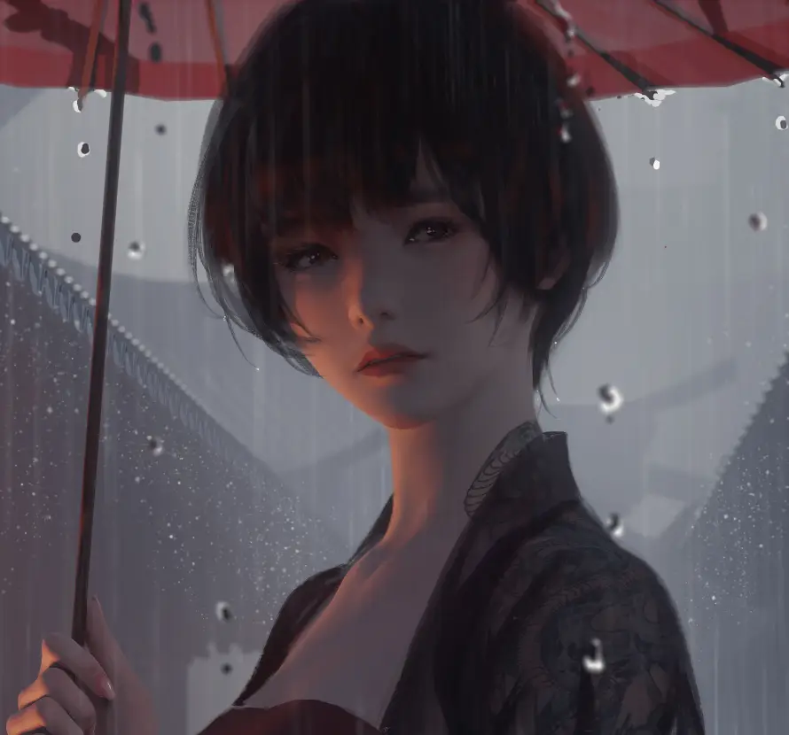 4k插画壁纸-红伞 - 雨天-雨水「哲风壁纸」