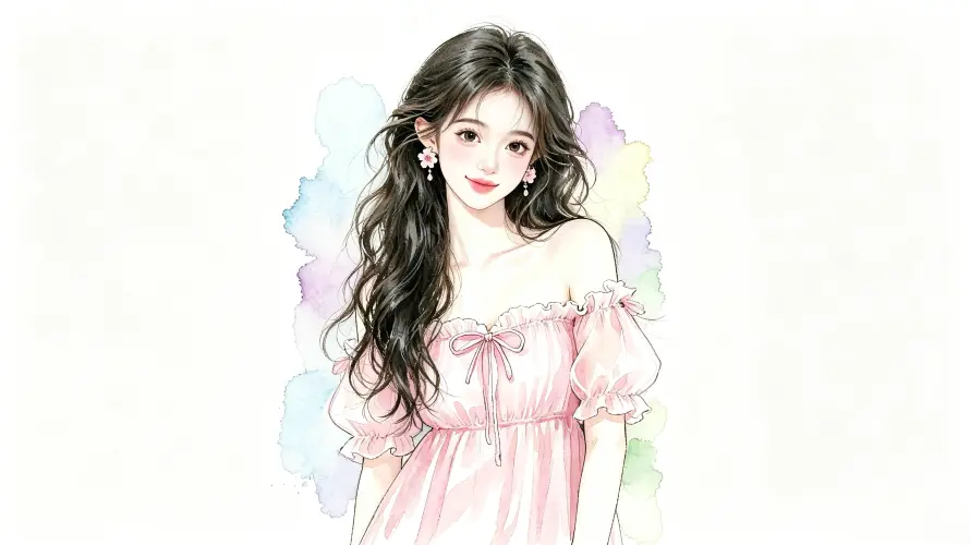 3k卷发壁纸-甜美 - 长发-水彩风「哲风壁纸」