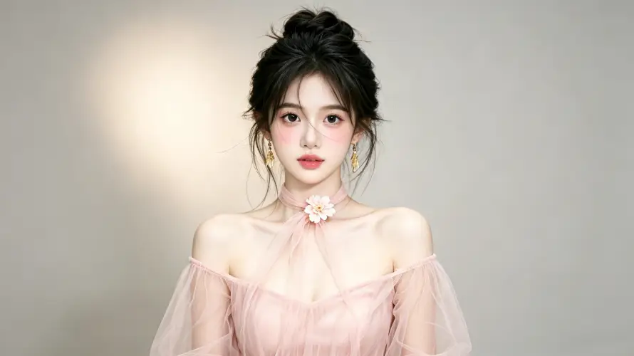 3k好看壁纸-美女 - 露肩-丸子头「哲风壁纸」
