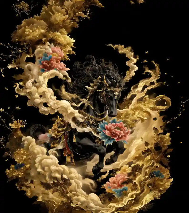 4k国风壁纸 - 插画 - 牡丹 - 神兽「哲风壁纸」