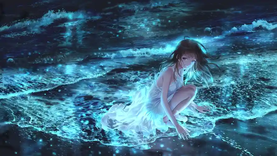 2k夜景壁纸-少女 - 海水-海浪「哲风壁纸」