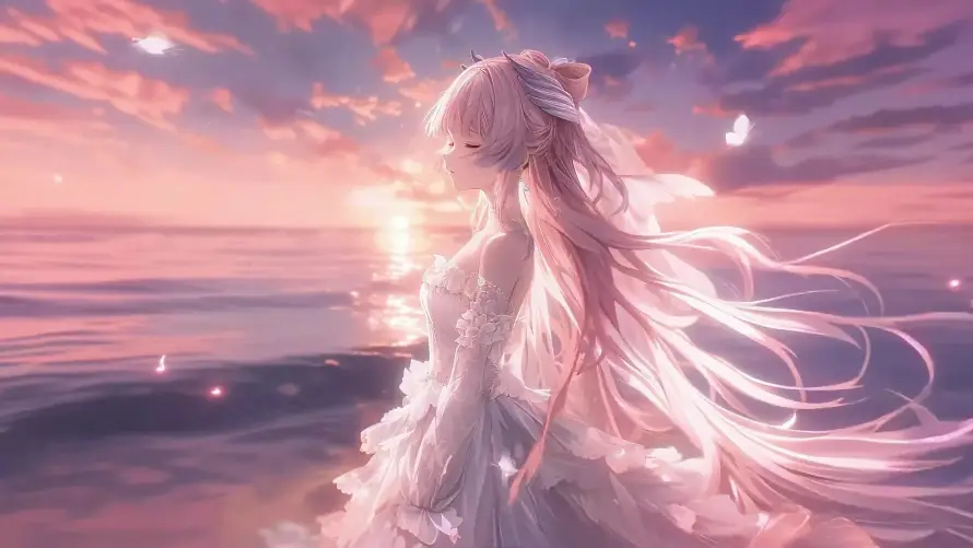 4k原神壁纸-大海 - 少女-日落「哲风壁纸」
