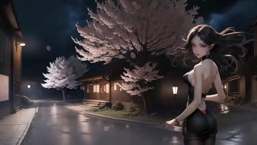 4k回头壁纸-夜晚 - 长发-露背「哲风壁纸」