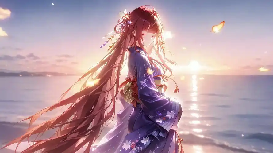 4k和服壁纸-大海 - 少女-暖光「哲风壁纸」