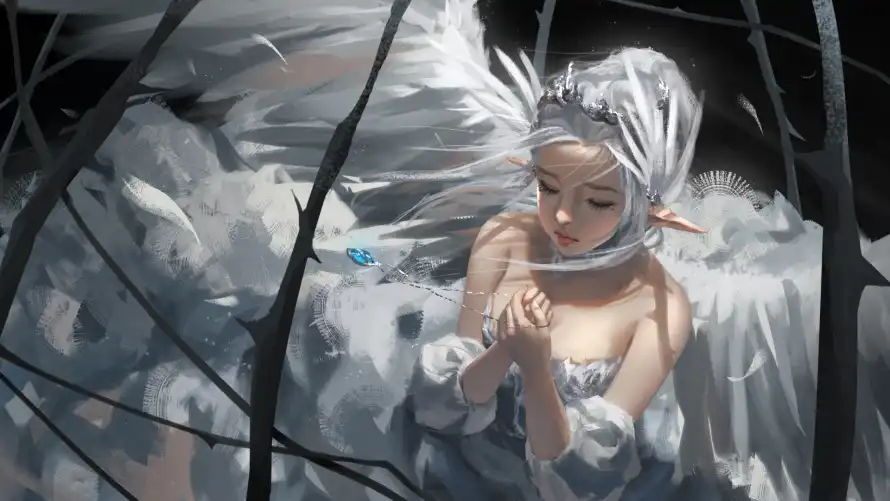 2k插画壁纸-枯树 - 白发-羽族「哲风壁纸」