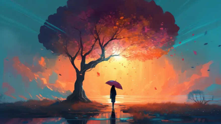 4k人影壁纸-剪影 - 夕阳-大树「哲风壁纸」