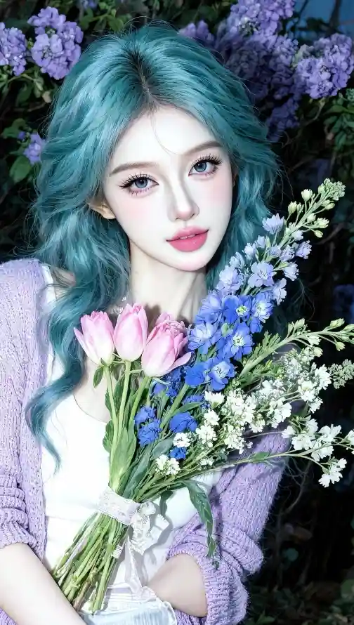 4k卷发壁纸 - 少女 - 捧花 - 淡妆「哲风壁纸」