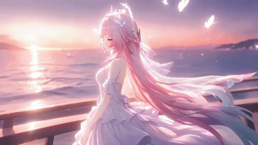 4k同人壁纸-夕阳 - 大海-婚纱「哲风壁纸」