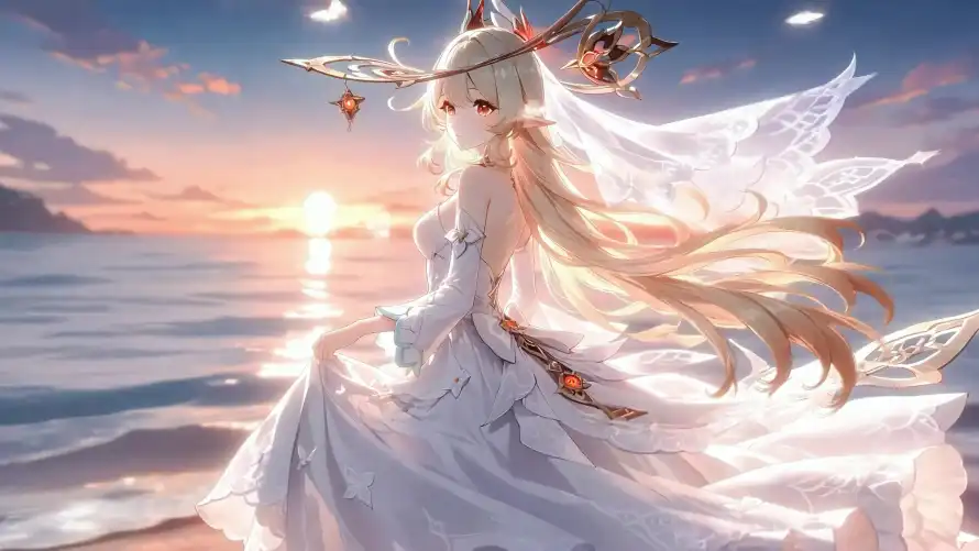 4k原神壁纸-大海 - 婚纱-少女「哲风壁纸」