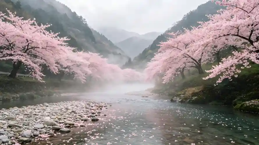 3k山谷壁纸-春日 - 晨雾-樱花「哲风壁纸」