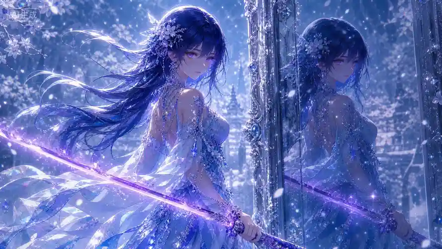 2k佩剑壁纸-倒影 - 冰雪-少女「哲风壁纸」