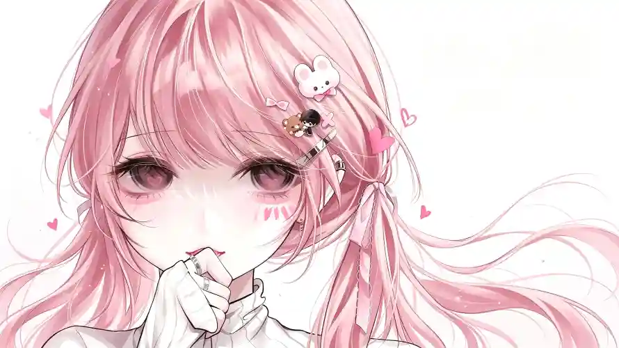 3k害羞壁纸-少女 - 爱心-粉发「哲风壁纸」