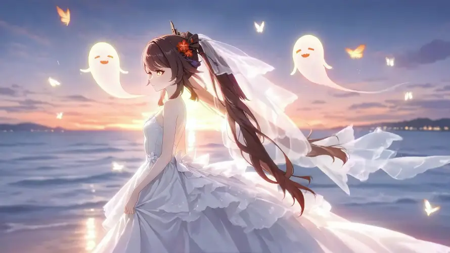 4k原神壁纸-夕阳 - 大海-婚纱「哲风壁纸」