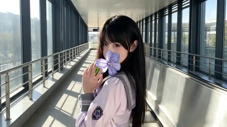 3k制服壁纸-回头 - 少女-走廊「哲风壁纸」