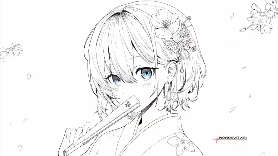4k和服壁纸-樱花 - 短发-线稿「哲风壁纸」