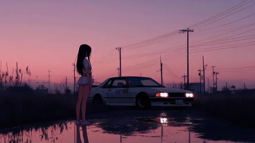 4k剪影壁纸-少女 - 轿车-郊外「哲风壁纸」
