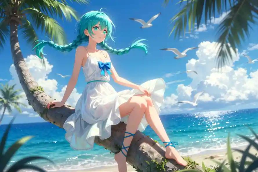 5k夏日壁纸-少女 - 沙滩-海洋「哲风壁纸」