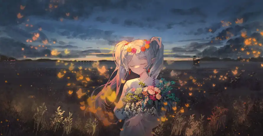 5k动漫壁纸-夜空 - 微笑-花束「哲风壁纸」