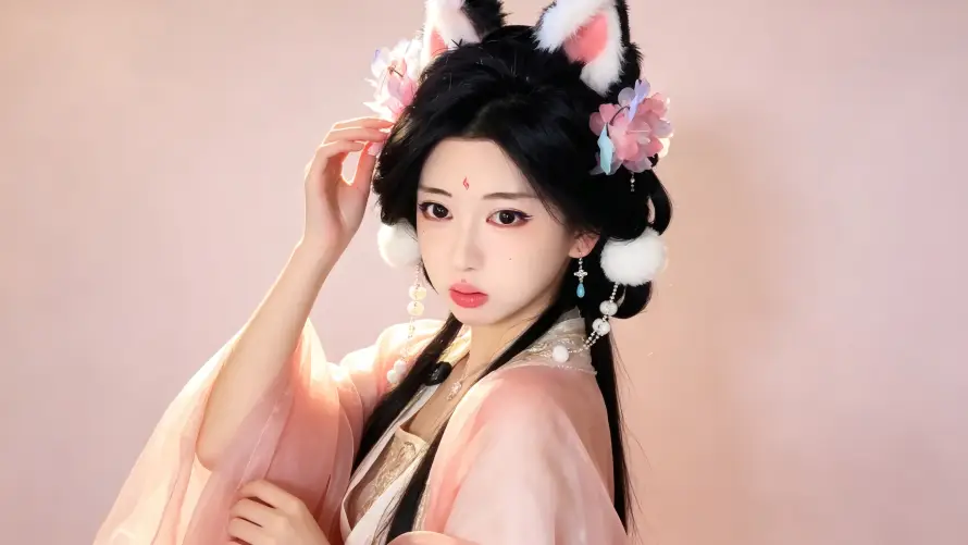 4k发饰壁纸-古风 - 汉服-狐耳「哲风壁纸」