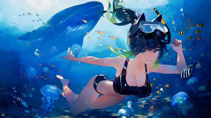 4k插画壁纸-水母 - 泳装-海底「哲风壁纸」