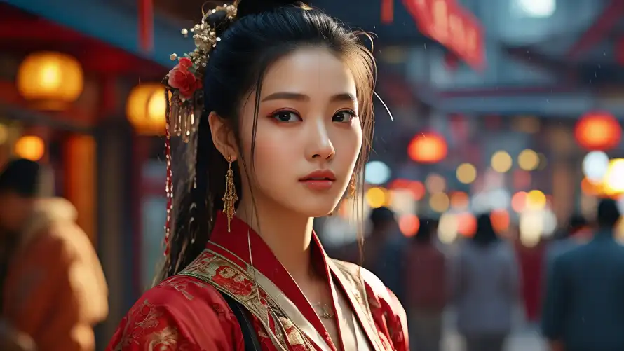 3k国风壁纸-汉服 - 灯笼-红衣「哲风壁纸」