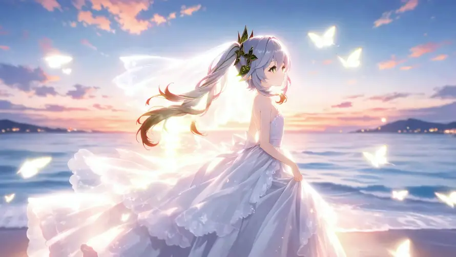 4k大海壁纸-婚纱 - 少女-日落「哲风壁纸」