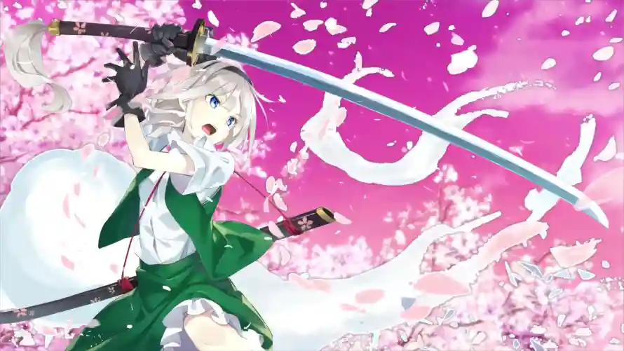 4k剑术壁纸-少女 - 樱花-绿裙「哲风壁纸」