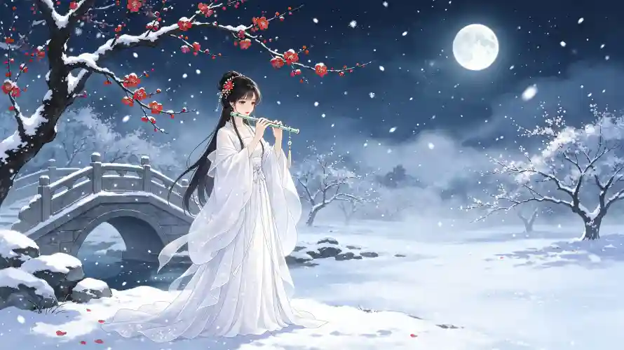 3k冬景壁纸-卡通 - 古装-吹笛「哲风壁纸」