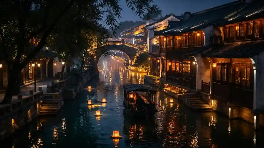 3k古桥壁纸-夜景 - 暖光-水乡「哲风壁纸」