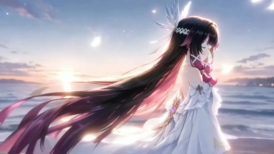 4k发饰壁纸-大海 - 婚纱-少女「哲风壁纸」