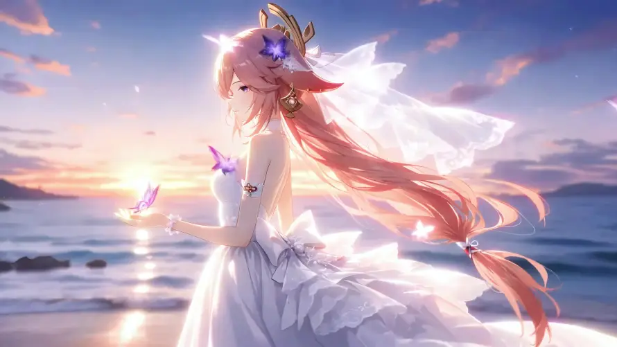 4k原神壁纸-夕阳 - 大海-婚纱「哲风壁纸」