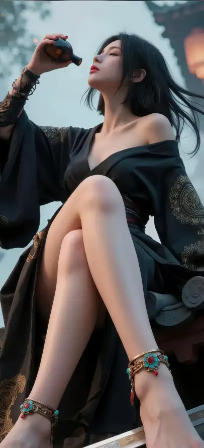 4k喝酒壁纸 - 坐姿 - 红唇 - 脚链「哲风壁纸」