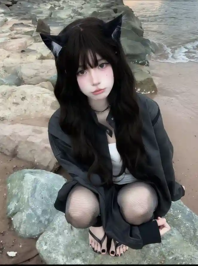 4k卷发壁纸 - 少女 - 岩石 - 沙滩「哲风壁纸」