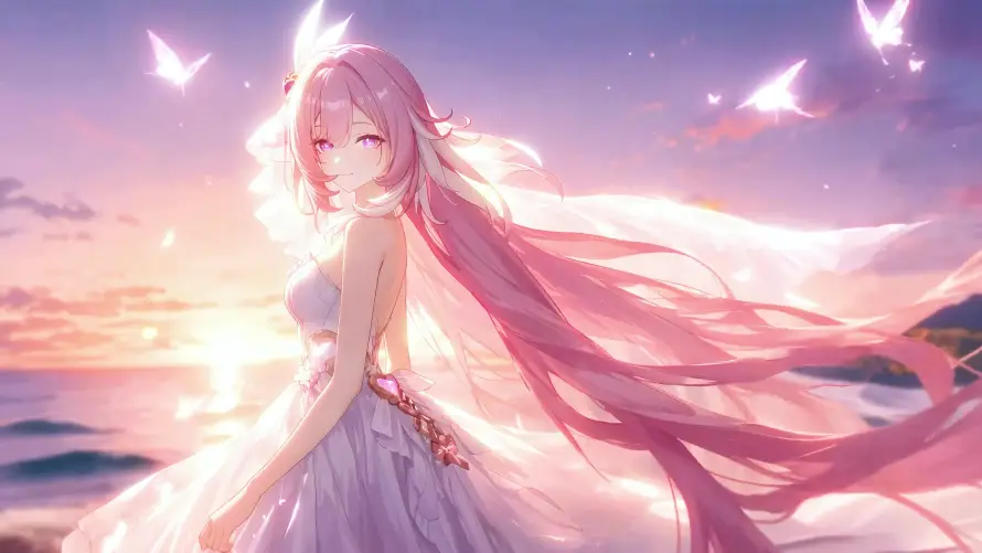 4k大海壁纸-婚纱 - 少女-日落「哲风壁纸」