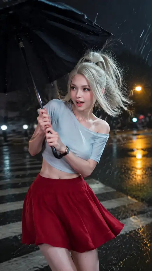 4k写真壁纸 - 少女 - 撑伞 - 街头「哲风壁纸」