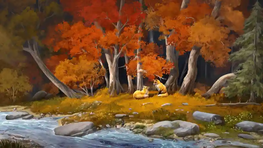 3k松树壁纸-林间 - 溪流-狐狸「哲风壁纸」