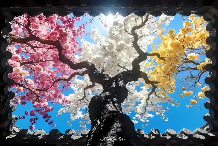 2k仰拍壁纸-晴空 - 树干-繁花「哲风壁纸」