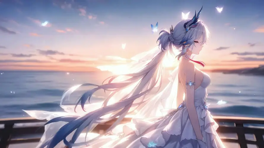 4k大海壁纸-婚纱 - 少女-日落「哲风壁纸」