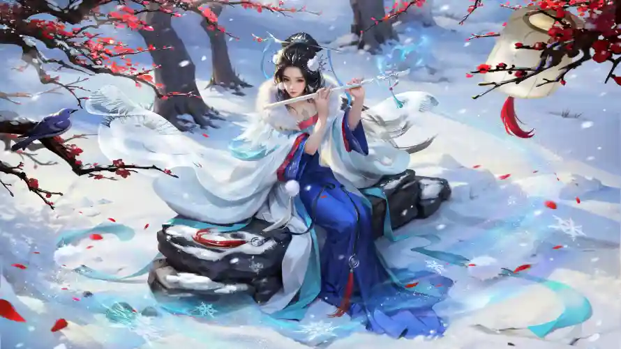 4k冬日壁纸-古风 - 吹笛-女子「哲风壁纸」
