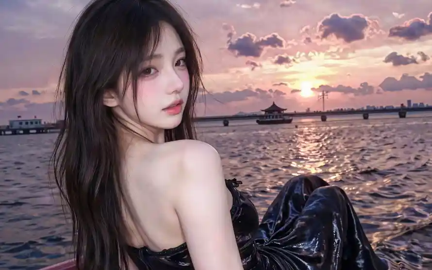 2k回头壁纸-夕阳 - 少女-日落「哲风壁纸」