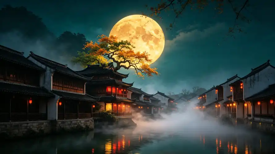3k中秋壁纸-古镇 - 国风-夜景「哲风壁纸」
