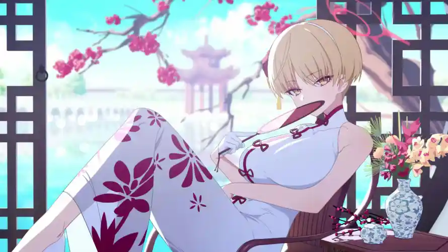4k坐姿壁纸-旗袍 - 梅花-花朵「哲风壁纸」