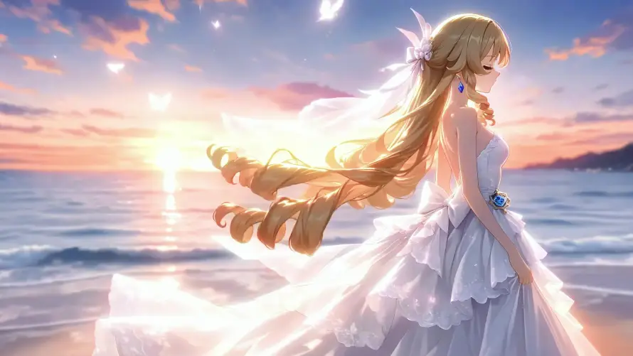 4k原神壁纸-夕阳 - 大海-婚纱「哲风壁纸」