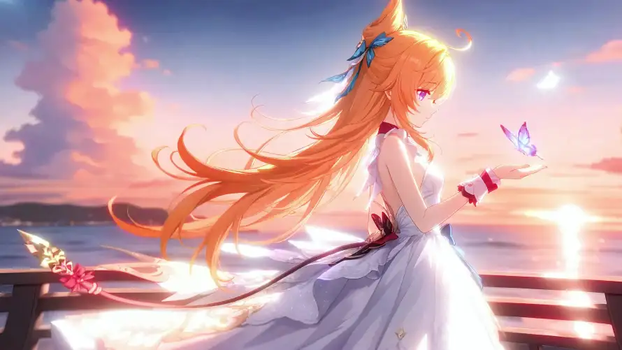 4k原神壁纸-夕阳 - 大海-婚纱「哲风壁纸」