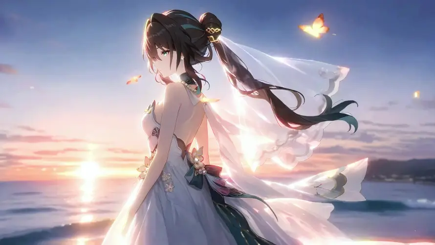 4k夕阳壁纸-大海 - 头纱-婚纱「哲风壁纸」