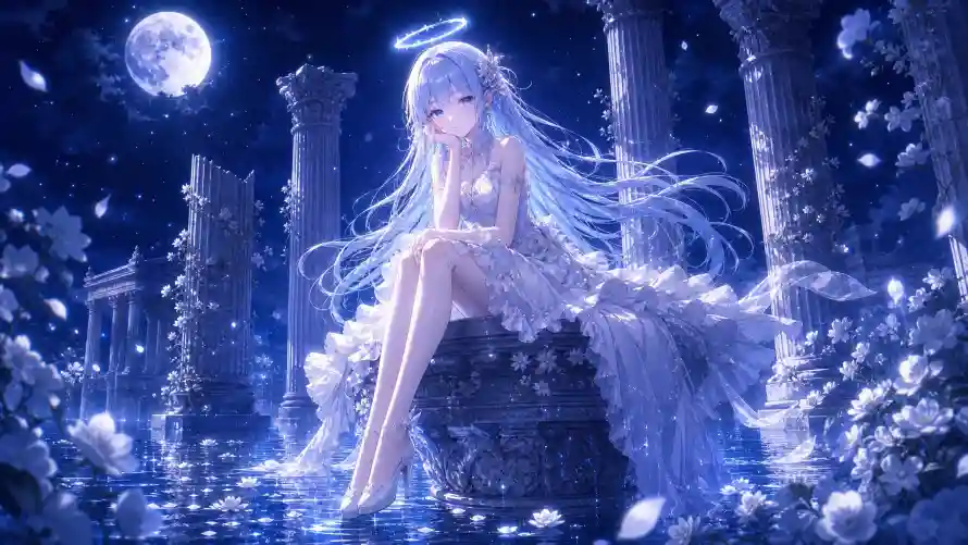 2k光环壁纸-坐姿 - 夜色-天使「哲风壁纸」