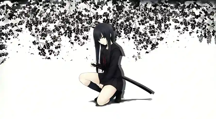 2k少女壁纸-蹲姿 - 冷色调-武士刀「哲风壁纸」